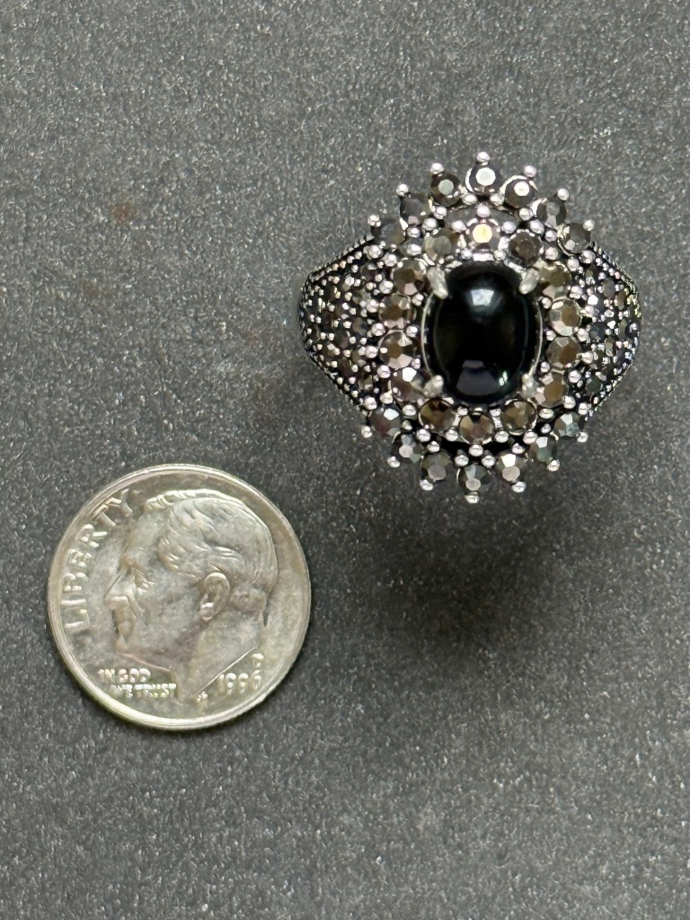 Art Deco Ring Statement Black Onyx Marcasite Halo Sterling Silver (9.5) - Picture 5 of 5